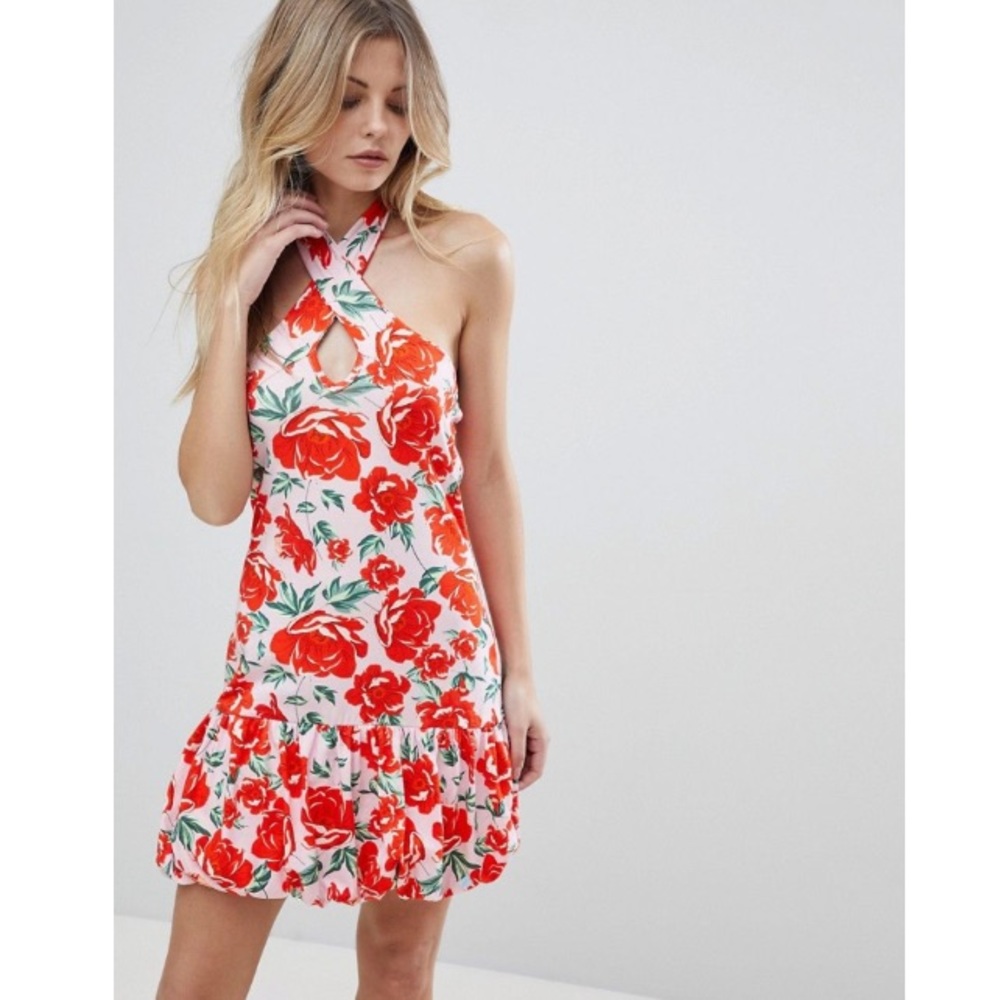 ASOS Red & Pink Floral Mini Crisscross Halter Bubble Hem Mini Dress